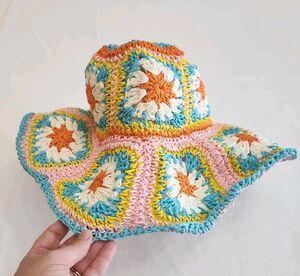 Handmade Vintage Crochet Bucket Hat Colorful Granny Squares Boho retro festival